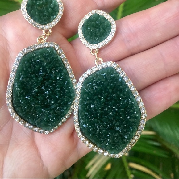 Anthropologie Druzy Quartz Earrings in Green - Picture 3 of 4